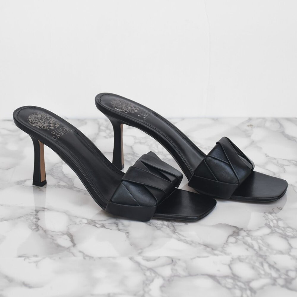 NWOT Vince Camuto Leather Endonta Pintucked Braided Heels Black Size 8 - Picture 2 of 6